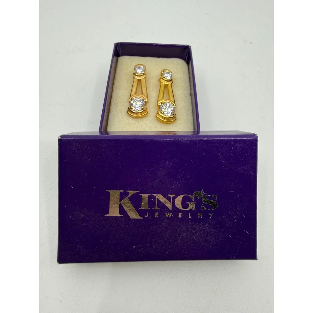 Kings Jewelry Gold Tone Cubic Zirconia CZ Drop Dangle Earrings Vintage Boxed